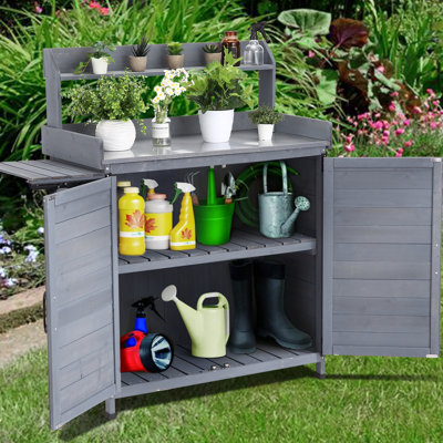 Potting Bench Table, Wooden Gardening Furniture with Metal Tabletop and Storage Cabinet