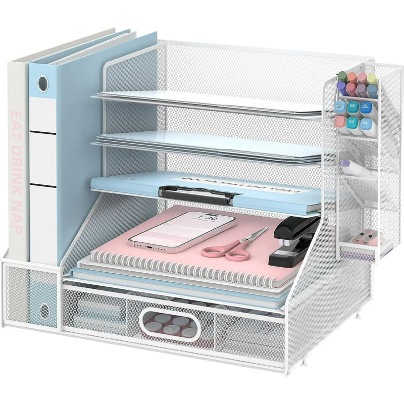 Organisateur de bureau en maille métallique à 5 niveaux avec porte-classeur, tiroirs et porte-stylo, organisateur de papier