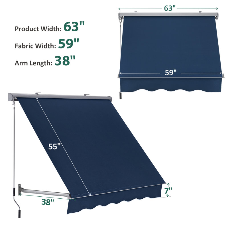 Retractable Window Awning with Adjustable Canopy Angle, Aluminum Frame, Navy, 55" H x 63" W x 38" D