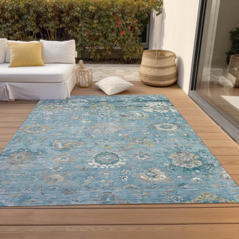 Machine Washable Indoor/Outdoor Christain ACN1373 Teal Rug, Rectangle 5' x 7'6"