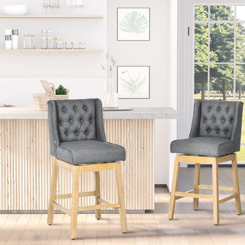 Tabourets de bar rotatifs à 180 degrés, 2, hauteur de siège de 30 po, gris avec repose-pieds en bois massif et siège à hauteur de dossier à boutons, pivotant, gris, repose-pieds, design