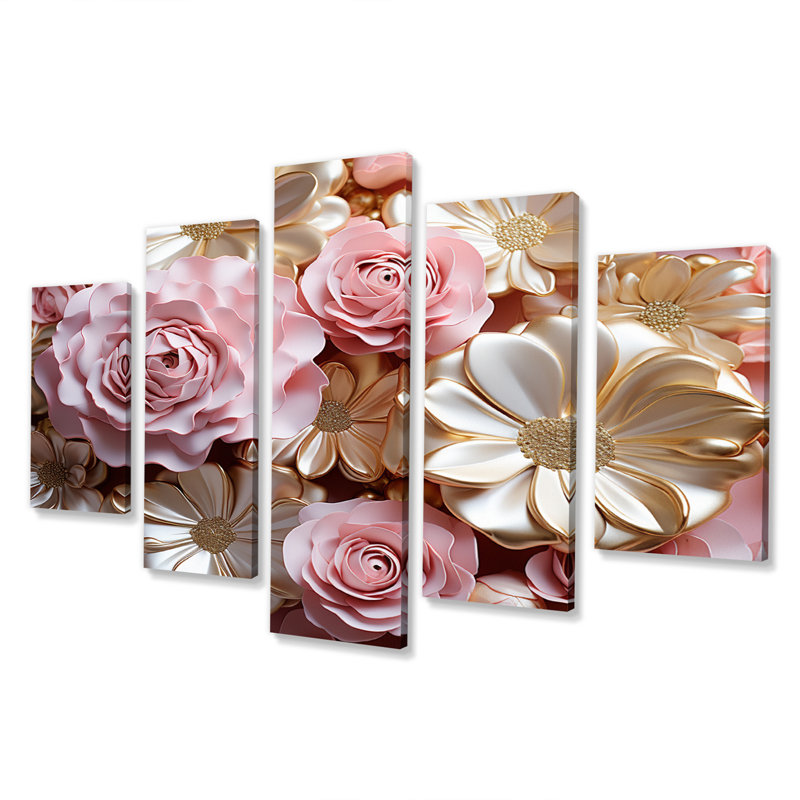 Art de fleurs liquides roses tendres tendres - formes abstraites, art mural salon - 5 panneaux
