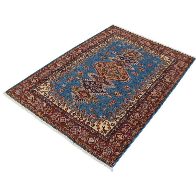 Tapis oriental bleu / brun / rouge en laine noué à la main 4 pi 2 po x 5 pi 10 po Madeeha