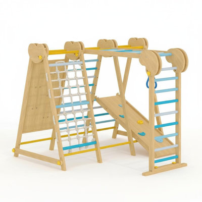 7-in-1 Wooden Indoor Jungle Gym Playset for Toddlers & Kids – Includes Slide, Climbing Wall, Monkey Bars, Play Gym – Safe, Compact Indoor Playground –