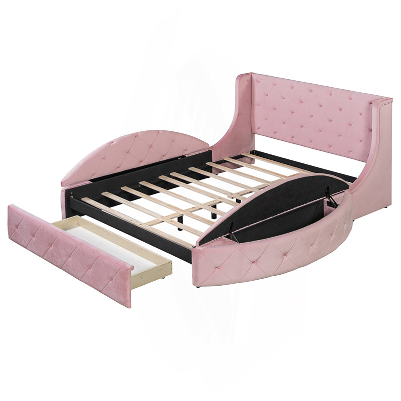 Lit plateforme capitonné avec rangement, Rose