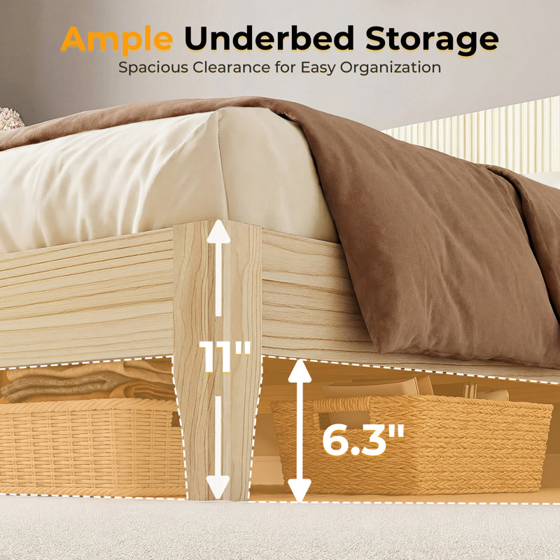 Solid Wood King  Bed Frame Platform Bedframe With Headboard Grille Style, King