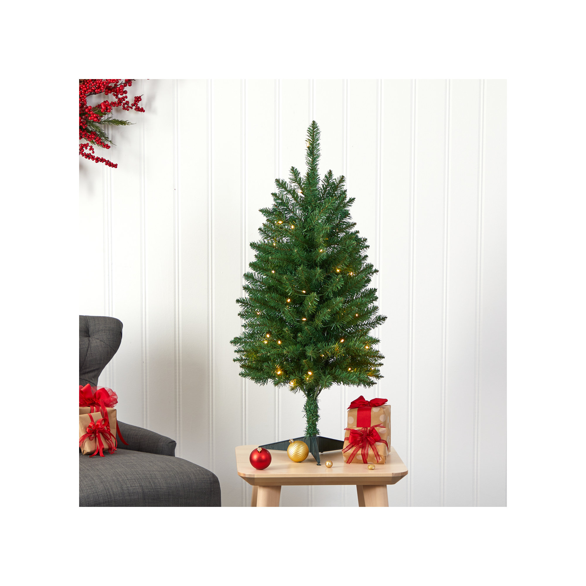 Lighted Artificial Pine Christmas Tree, 3' H