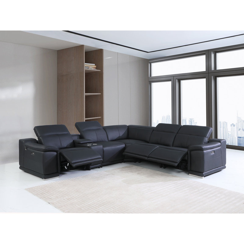 Crasia 123 '' Wide Genuine Top Grain Italian Leather Symmetrical Modular Seating Component, Black Genuine Leather