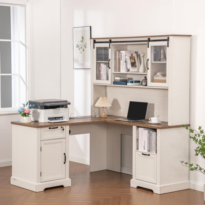 Bureau en L Farmhouse avec huche et portes de grange coulissantes, prises de courant intégrées, tiroir verrouillable et classeur réglable pour le bureau à domicile et la salle d'étude