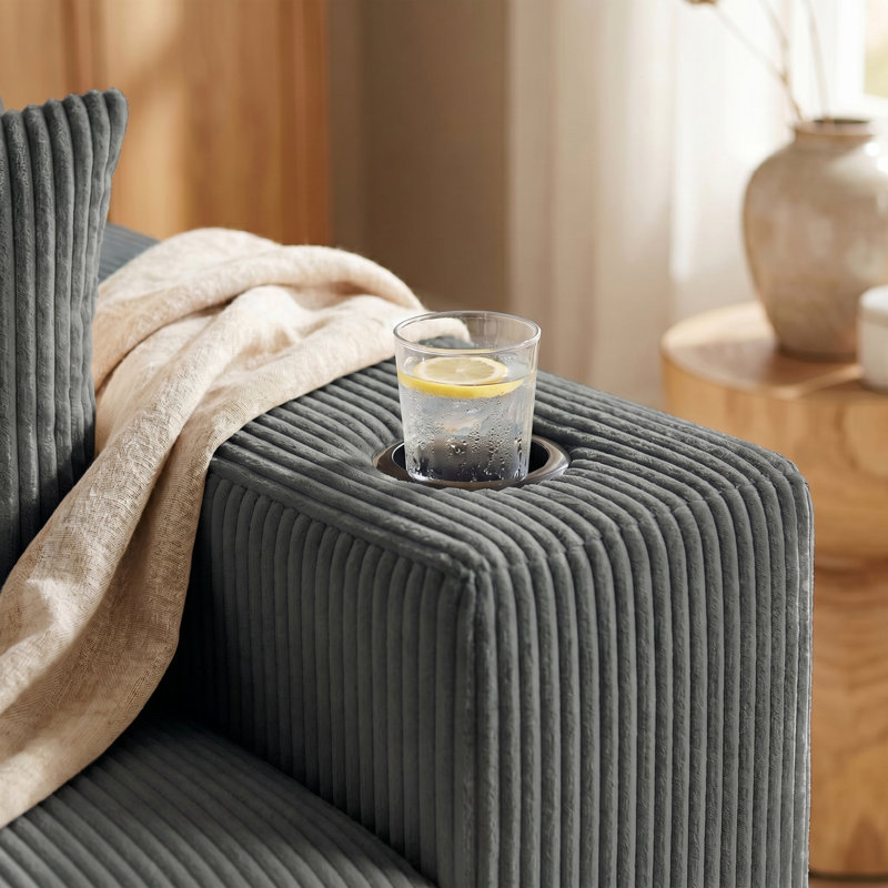 Canapé modulaire rembourré en velours côtelé avec méridienne, porte-gobelets et ports de charge USB Mirelle, Grey