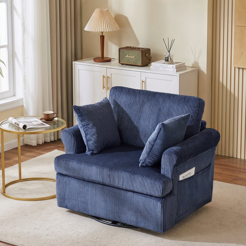 Swivel Corduroy Barrel Chair Accent Chair with Turntable and Side Storage Pocket for Living Room, Blue Corduroy