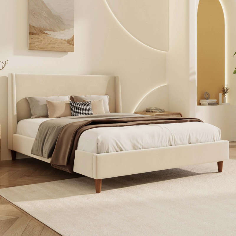Modern Velvet Upholstered Platform Bed with Wingback Headboard and No Box Spring Needed