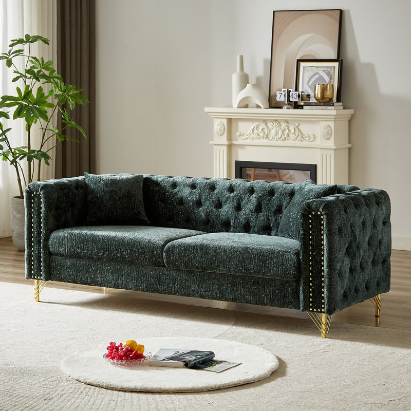 Chenille de 60 pouces pour esprit de salon, conception à boucle, boutons, accoudoirs décoratifs en cuivre, canapé rembourré moderne et pieds en métal