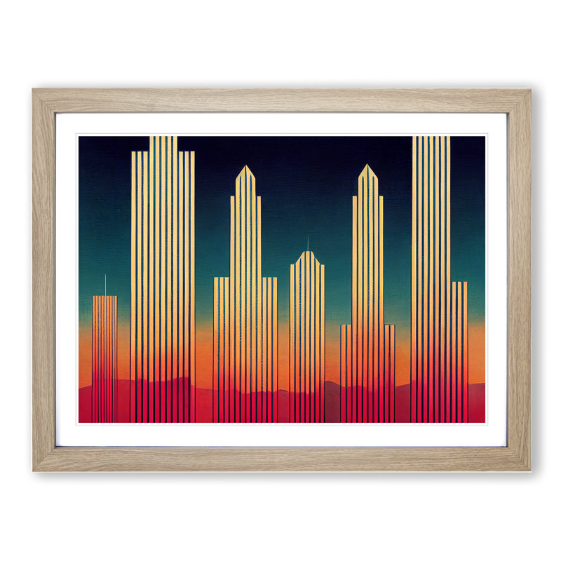 Intense Skyscraper Skyline - Framed Print, 25cm H x 34cm W x 2cm D, Oak