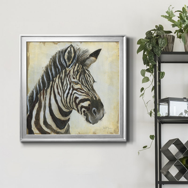 Motif de zèbre - Peinture sur toile encadrée, H 22,5 po x l 22,5 po x P 1,5 po, Encadrement argenté