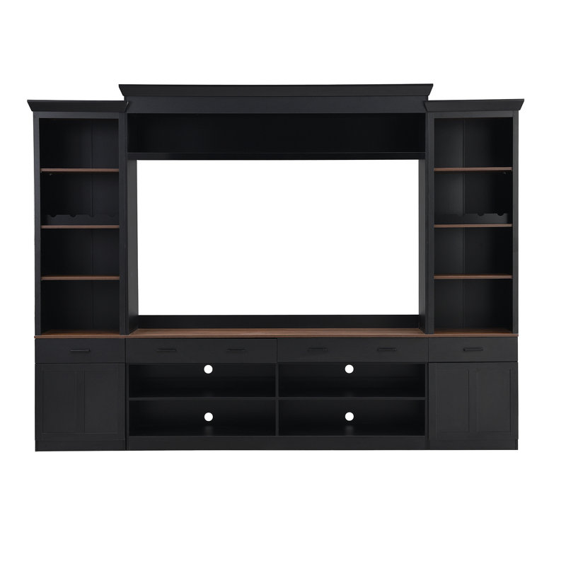 Farmhouse 4-Piece Entertainment Wall Unit Set With Bookshelf For Tvs Up To 70", Walnut TV Stand With Adjustable Shelves, Mid-Century Large Media Console With Wine Rack For Living Room
