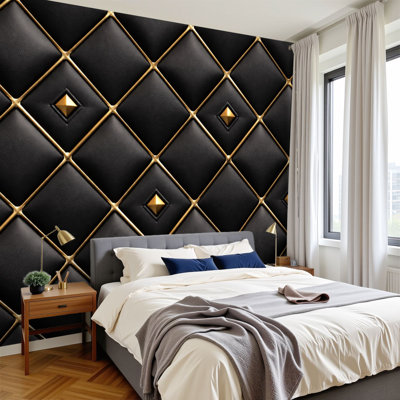 Peel and Stick Wallpaper Luxury Black Leather Golden Pyramid Rivets Quilted Wall Murals 100"H x 144"W Removable PVC Wall Paper Self-Adhesive Wall Decor for Bedroom Living Room Home Office