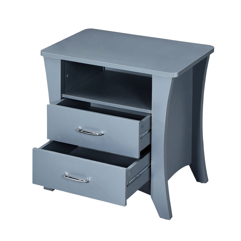 Élégante table de chevet grise pour la chambre à coucher avec 2 tablettes de rangement ouvertes, un compartiment en bois spacieux avec 2 tiroirs