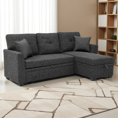 76.5" Linen Blend Upholstered Sectional With Pull-Out Bed And Chaise