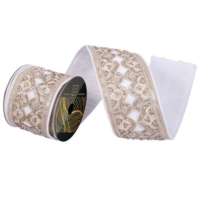 4" x 5yd Velvet Wired Ribbon with Scalloped Champagne Sequin, Jewels, and Pearls. Red Dupion Backing. Measuring 4 inches in width and 5 yards in length, it's perfect for a variety of festive projects.