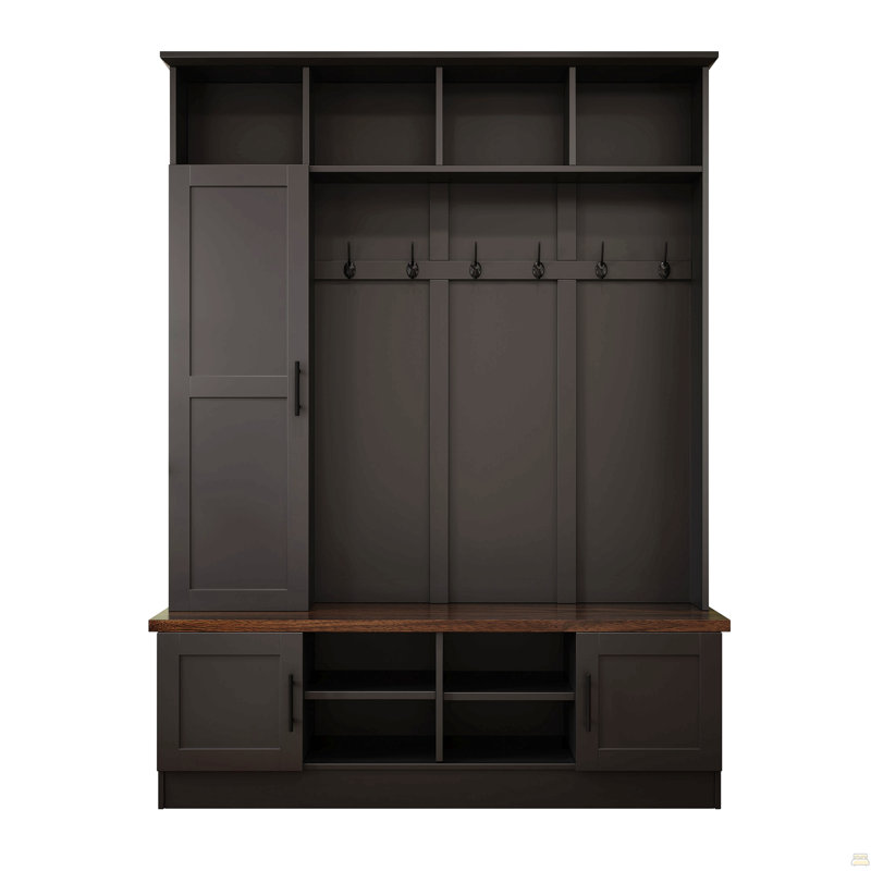Versatile 3-in-1 Hall Tree with 6 Hooks, Farmhouse Walnut Storage Bench with Adjustable Shelves, 55"W Entryway Coat Rack with Multiple Storage Space