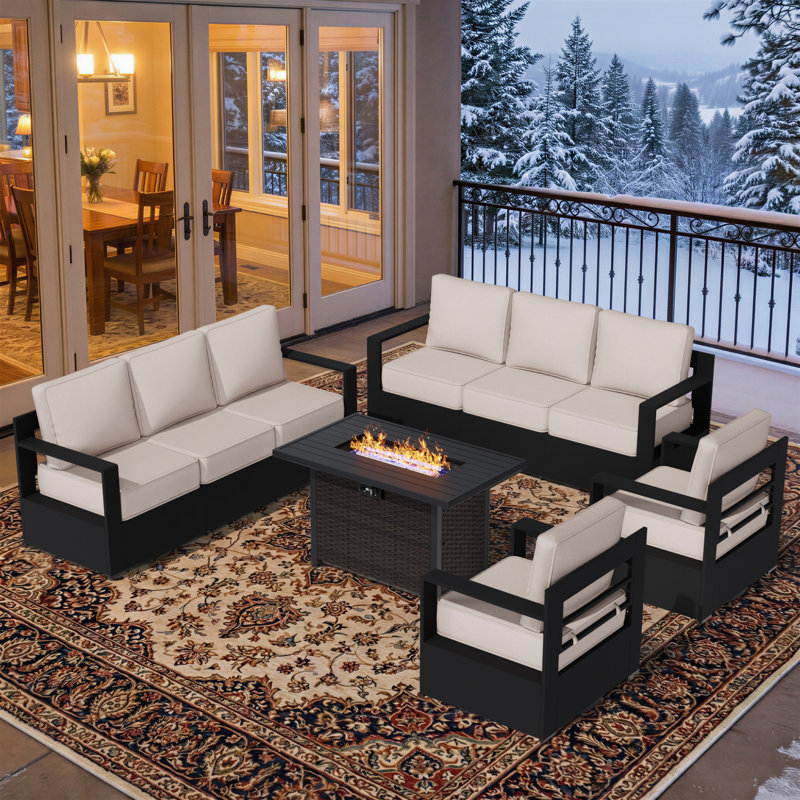 8-Person Aluminum & Iron Outdoor Lounge Set with Plush Cushions and Convertible Fire Pit Table, Beige, Black/Brown