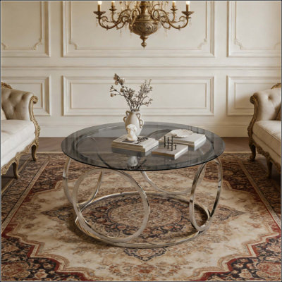 Modern Round Glass Top Coffee Table With Circular Metal Frame, Contemporary Accent Center Table For Living Room, Office, And Lounge