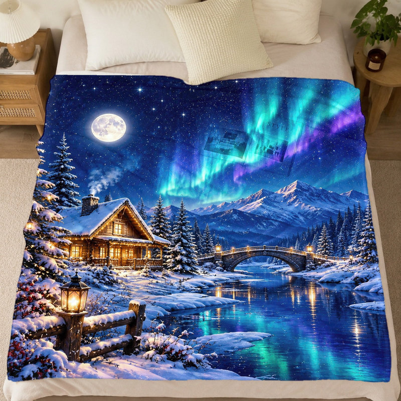 Couverture en flanelle imprimée Aurora Borealis Cabin (1 pièce) – Motif hivernal douillet ; Lavable à la machine (une face) ; Parfait pour la décoration du salon ; Disponible en plusieurs tailles ; Parfait pour les voyages et le camping ; Un cadeau original. Convient également pour le sofa et la literie.