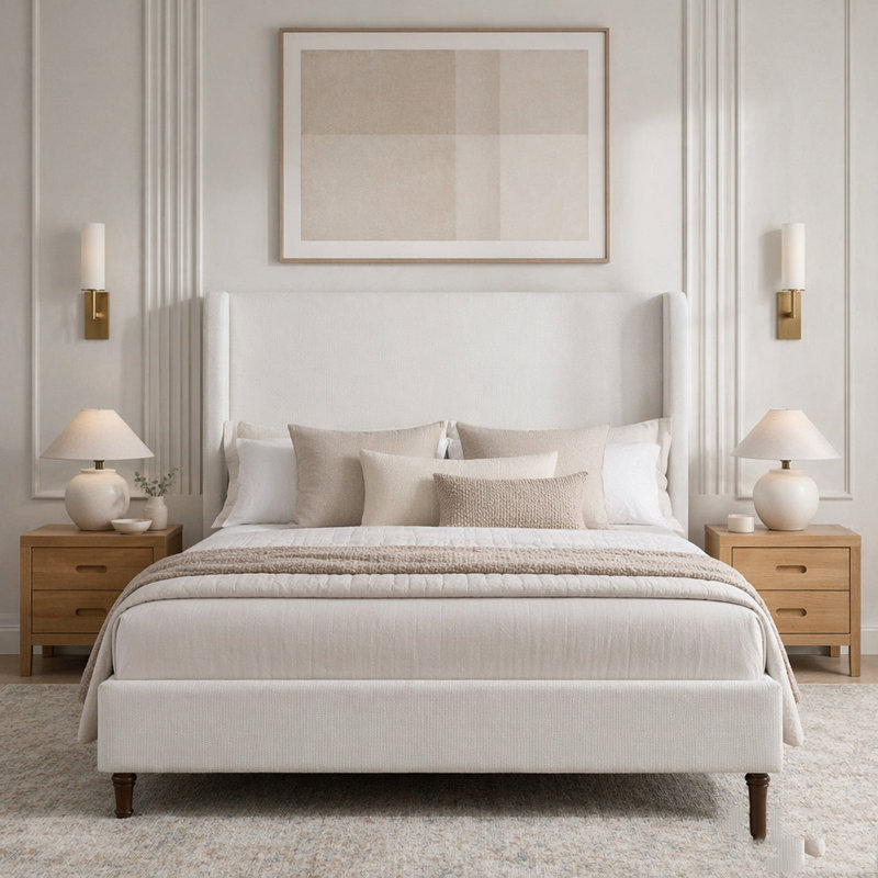 Lit tapissier avec tête de lit Elegant Simplicity, California King, Cream White Chenille