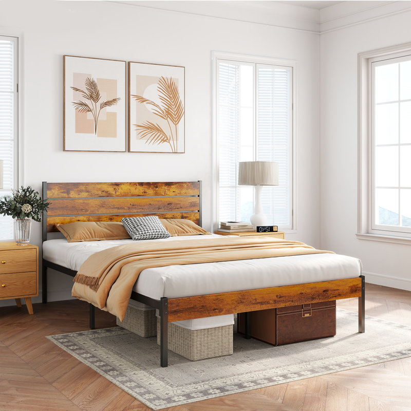 Metal Bed Frame with Wood Headboard, Under-Bed Storage Space, Noise Free Design, Full / Double