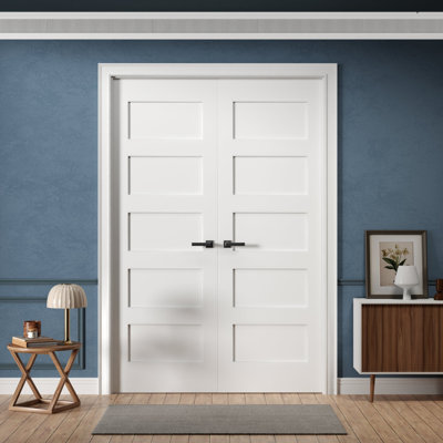48-in x 80-in Interior Double Prehung French Door Double Active Pre-Drilled for Hardware 5-Panel Shaker Solid Core White Primed Ready-to-Prehung Design with Jamb Kit and Satin Nickel Hinges