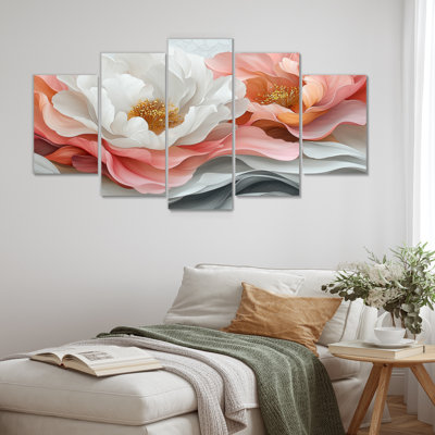 Blanc et corail, pivoines élégantes I - décoration murale pivoines - art mural traditionnel 5 pièces