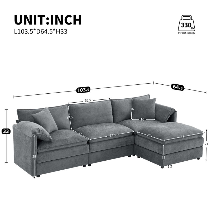 Canapé modulaire en chenille de 103,5 po avec assise profonde et large, ensemble de canapé en forme de L avec coussins doubles