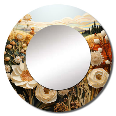 Threaded Garden Tapestry I - Landscapes Unique Wall Mirror, Beige Round Mirror, Printed Metal Art