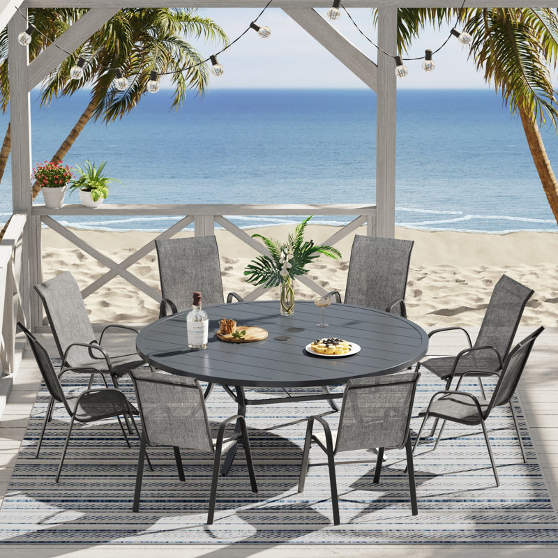 Elijah Outdoor Patio dining set With Stackable Textilene Chairs, Gray/Dark Gray