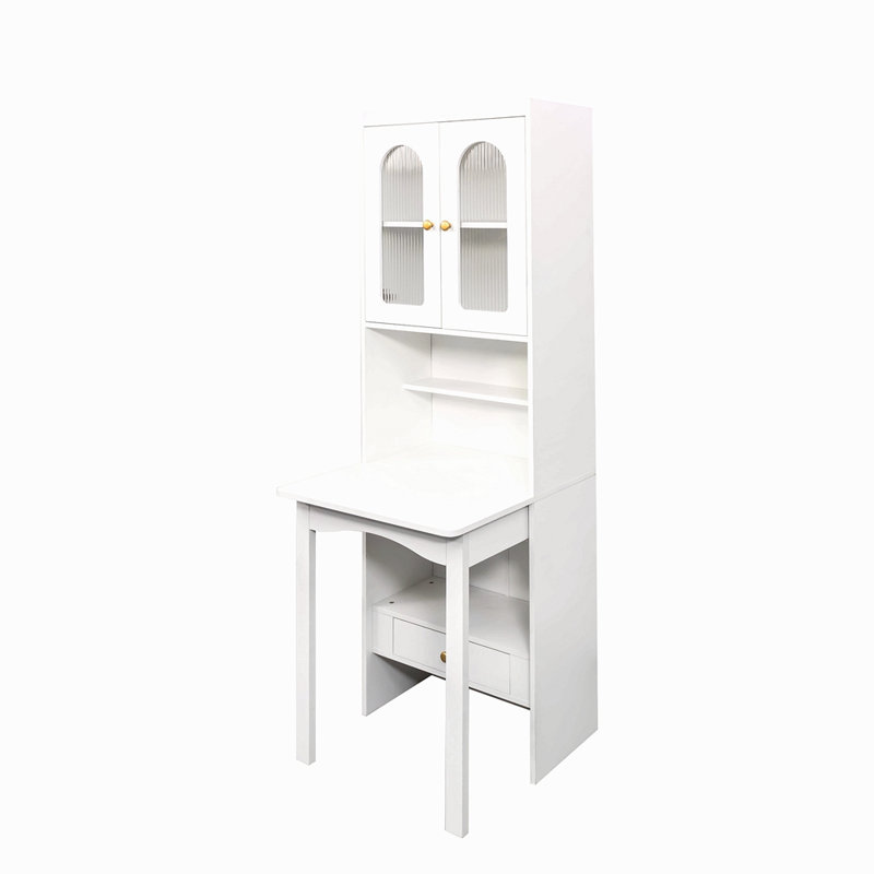 Table d'écriture pliable, armoire de bureau avec tablette et tiroir, Blanc
