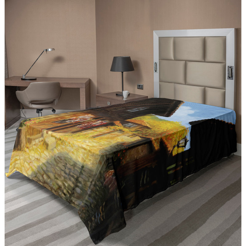 Ambesonne, drap plat à dessus plat, maisons en bois brun automne bleu, Drap plat pour lit simple