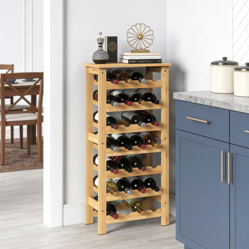 Bamboo Wine Rack For 28 Bottles, 7-Tier Standing Floor Wine Storage Tower With Top Shelf For Kitchen, Dining Room, Or Bar