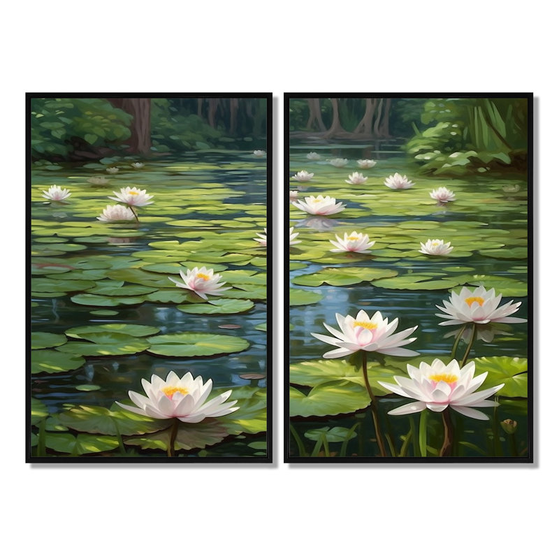 Magical Lotus Lily Pad Pond - Art mural moderne, H 36 po x l 48 po, Impression encadrée flottante, Noir
