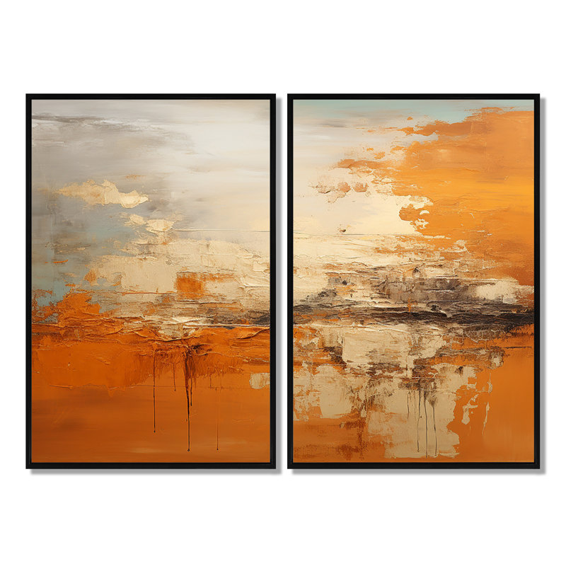 «Copper Glow», ensemble de 2 reproductions d'art sur toile abstraites, 36" H x 48" W, Impression encadrée flottante, Black
