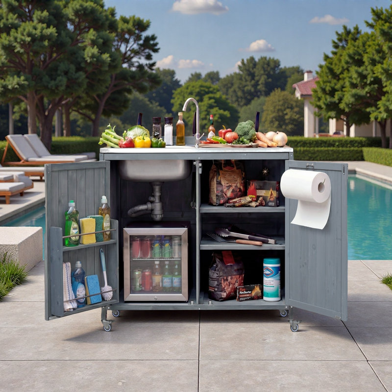 Îlot de cuisine extérieur avec évier en acier inoxydable, supports de rangement internes, tablettes et roues réglables