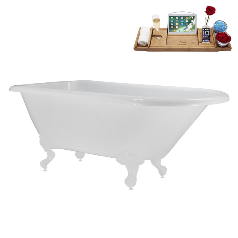 62" Streamline Clawfoot Tub,Tray,Drain, Clawfeet, Glossy White, Brushed GunMetal