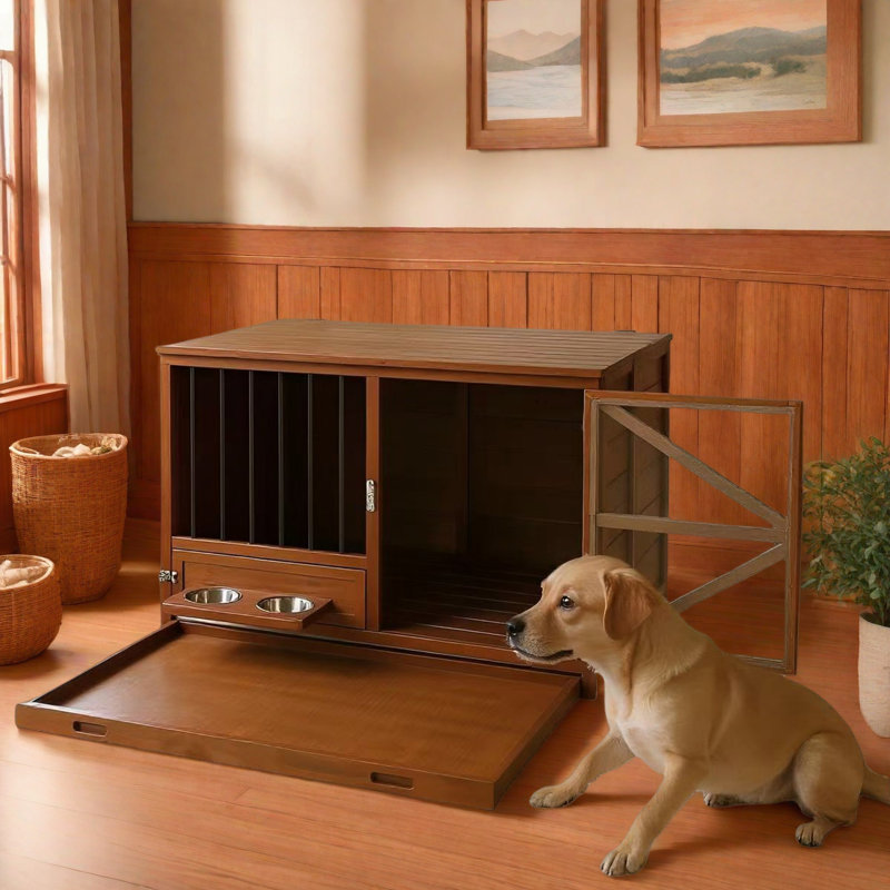 Meuble de caisse pliable en bois pour chien avec mangeoire rotative à 360 ° et plateau amovible