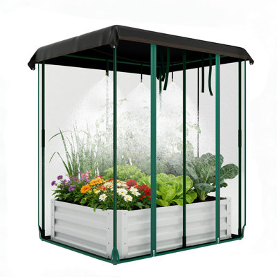  Rectangular Raised Garden Bed with Insect Netting and Irrigation for Outdoor Vegetables, Beige Steel Planter Box, 120x90x30cm