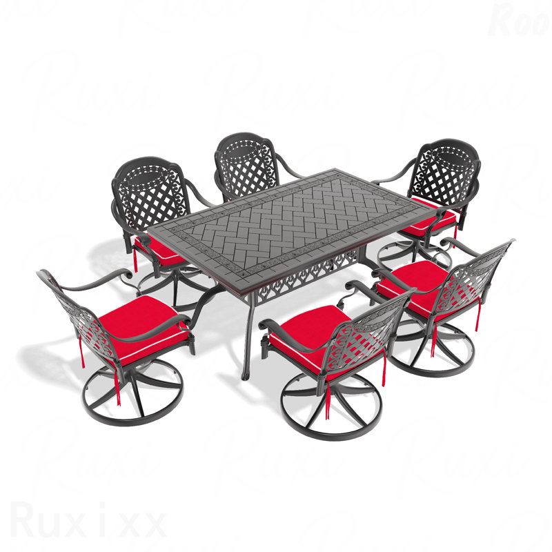 Ensemble de salle à manger 7 pièces en fonte d'aluminium toutes saisons comprenant 6 chaises pivotantes et une table rectangulaire avec cadre noir