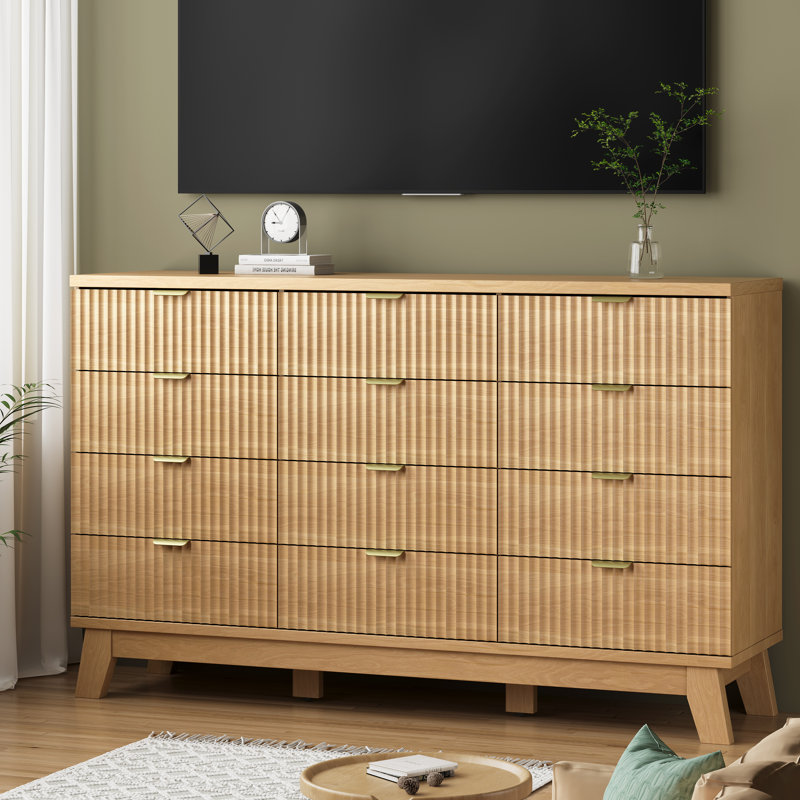 Fluted 12-Drawer Dresser for Bedroom,57"Wide Chest of Drawers With  Metal Handle，Sturdy table legs，Large Storage Dresser for Living Room