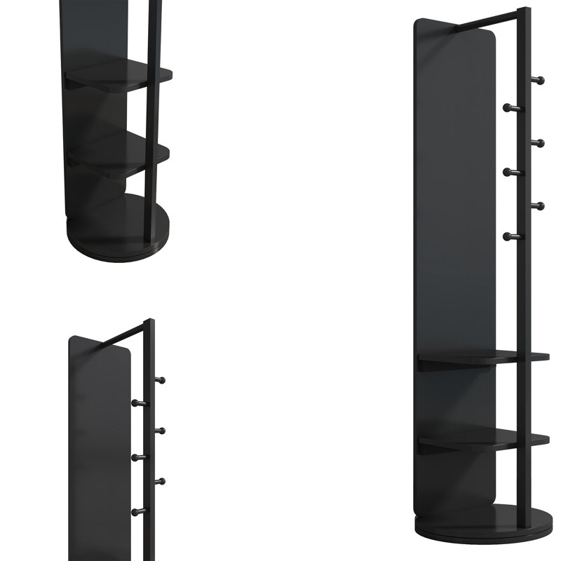 Black Solid Wood Full-Length Mirror with Coat Rack