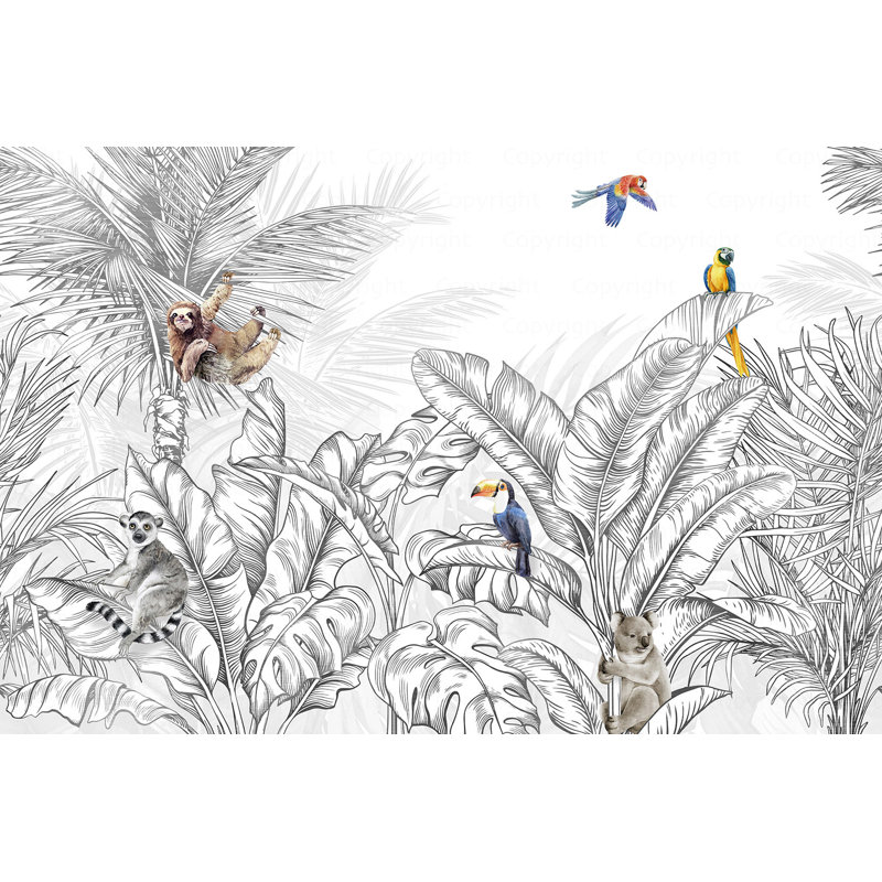 Papier peint faune jungle tropicale, Gris, L 82 po x l 122 po