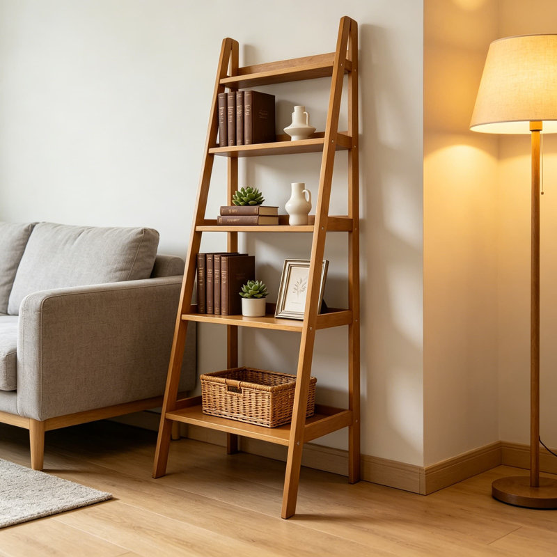 Bibliothèque échelle 100% bois massif à 5 tablettes, 72 pouces de hauteur, conception peu encombrante pour les livres, les objets de collection et la décoration intérieure, facile à assembler