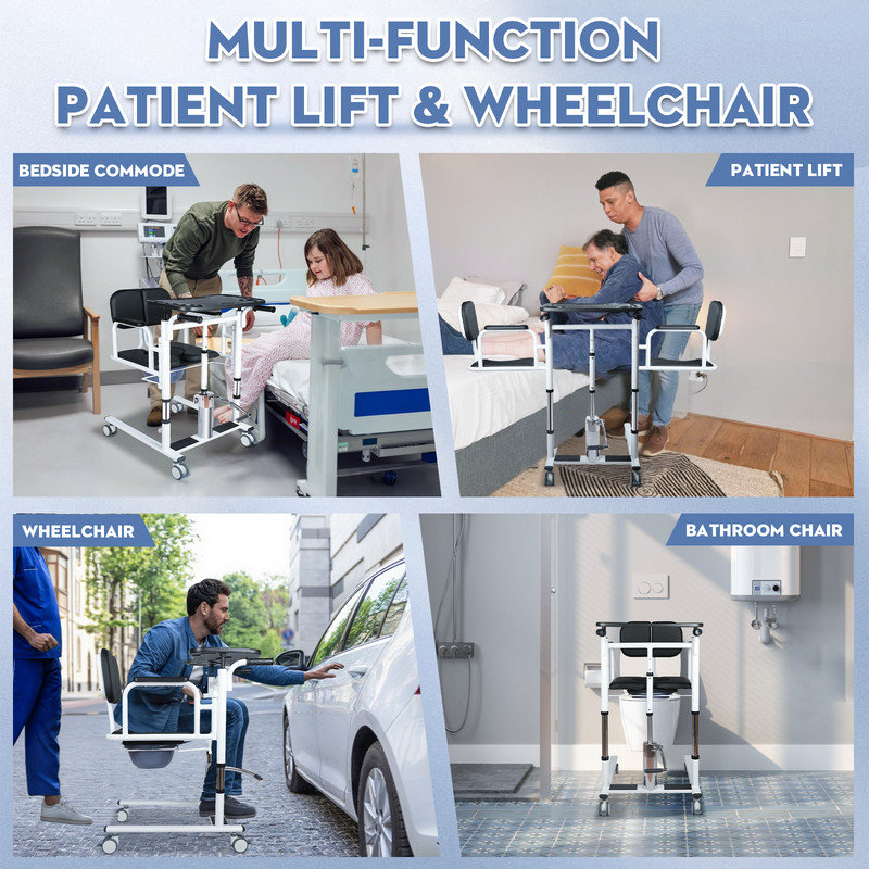 Adjustable Height Hydraulic Patient Lift Transfer Chair, 180° Split PU Seat, Portable Nursing Wheelchair with Commode & Tray for Elderly Home Care,Black